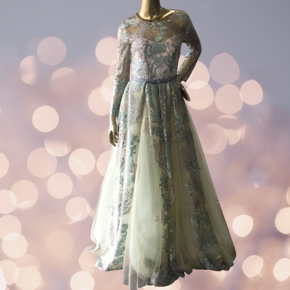 NWT Size 4 Rina diMontella Aqua & Multi Embroidered Botanical Gown - Picture 9 of 14
